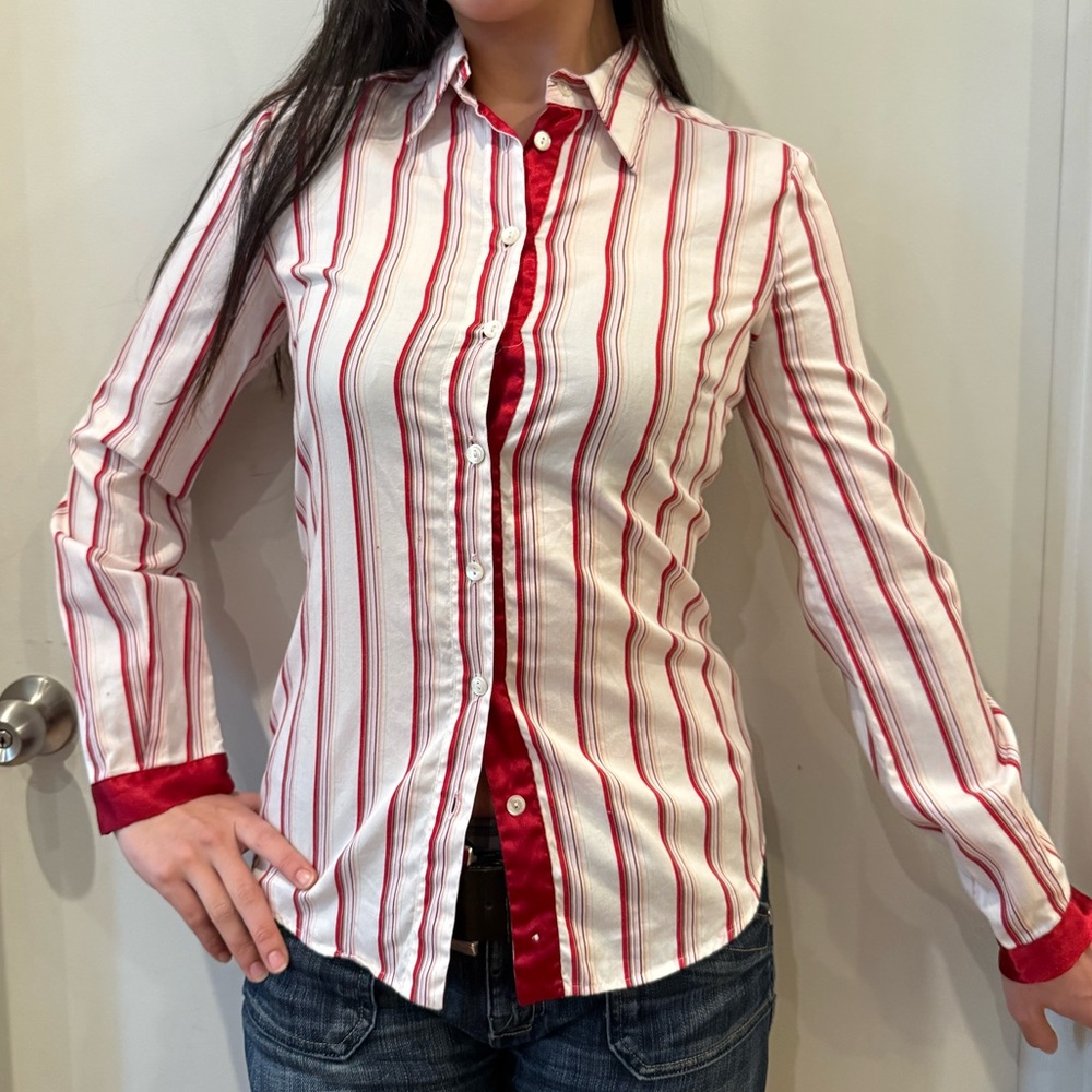 D&G Red and White Striped Long Sleeve Button Down Blouse
